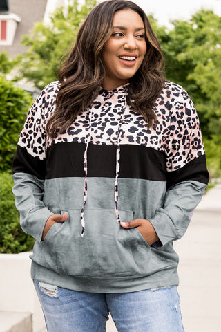 Shop Plus Size Leopard Print Color Block Hoodie with Kangaroo Pocket Now On Klozey Store - Trendy U.S. Premium Women Apparel & Accessories And Be Up-To-Fashion!