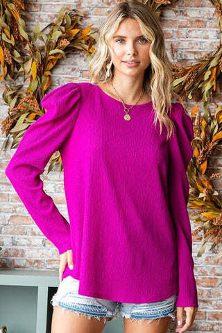 Shop First Love Texture Puff Sleeve Round Neck Blouse Now On Klozey Store - Trendy U.S. Premium Women Apparel & Accessories And Be Up-To-Fashion!