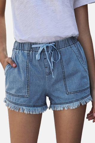 Shop Pocketed Frayed Denim Shorts Now On Klozey Store - Trendy U.S. Premium Women Apparel & Accessories And Be Up-To-Fashion!
