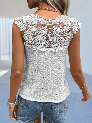 Shop Cutout Lace Detail Notched Blouse Now On Klozey Store - Trendy U.S. Premium Women Apparel & Accessories And Be Up-To-Fashion!