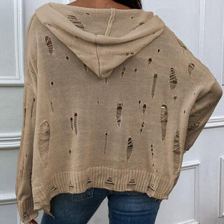 Shop Distressed Slit Drop Shoulder Hooded Sweater Now On Klozey Store - Trendy U.S. Premium Women Apparel & Accessories And Be Up-To-Fashion!