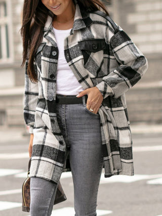 Shop Pocketed Plaid Button Up Dropped Shoulder Shacket Now On Klozey Store - Trendy U.S. Premium Women Apparel & Accessories And Be Up-To-Fashion!