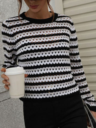 Shop Striped Openwork Long-Sleeve Knit Pullover Now On Klozey Store - Trendy U.S. Premium Women Apparel & Accessories And Be Up-To-Fashion!