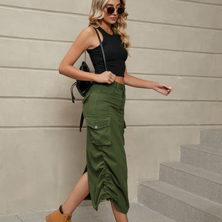 Shop Drawstring Ruched Slit Denim Midi Skirt Now On Klozey Store - Trendy U.S. Premium Women Apparel & Accessories And Be Up-To-Fashion!