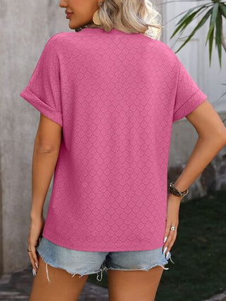 Shop Eyelet Notched Short Sleeve T-Shirt Now On Klozey Store - Trendy U.S. Premium Women Apparel & Accessories And Be Up-To-Fashion!