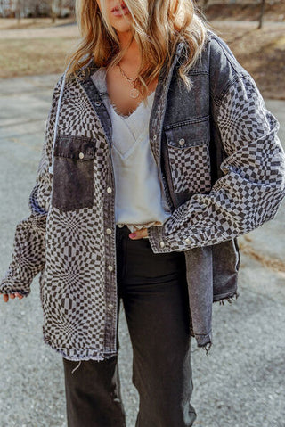 Shop Plaid Snap Down Raw Hem Drawstring Hooded Jacket Now On Klozey Store - Trendy U.S. Premium Women Apparel & Accessories And Be Up-To-Fashion!