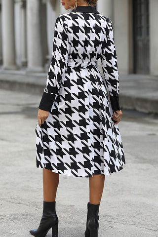 Shop Houndstooth Johnny Collar Tie Waist Dress Now On Klozey Store - Trendy U.S. Premium Women Apparel & Accessories And Be Up-To-Fashion!