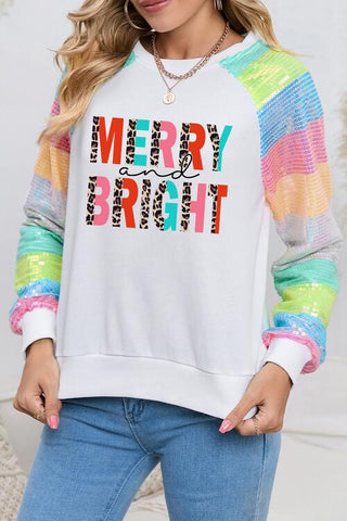 Shop MERRY AND BRIGHT Sequin Long Sleeve Sweatshirt Now On Klozey Store - Trendy U.S. Premium Women Apparel & Accessories And Be Up-To-Fashion!