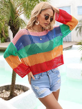 Shop Color Block Openwork Boat Neck Cover Up Now On Klozey Store - Trendy U.S. Premium Women Apparel & Accessories And Be Up-To-Fashion!