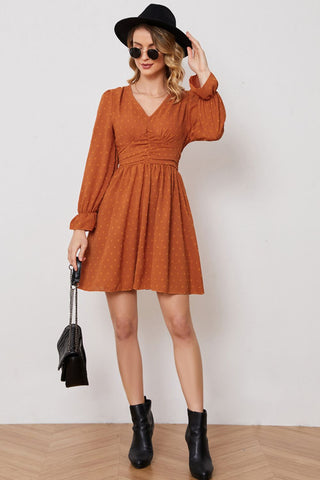 Shop Swiss Dot Ruched V-Neck Flounce Sleeve Dress Now On Klozey Store - Trendy U.S. Premium Women Apparel & Accessories And Be Up-To-Fashion!