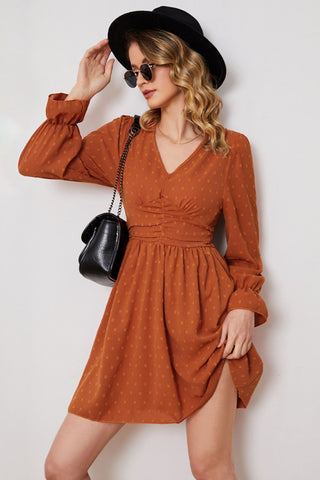 Shop Swiss Dot Ruched V-Neck Flounce Sleeve Dress Now On Klozey Store - Trendy U.S. Premium Women Apparel & Accessories And Be Up-To-Fashion!