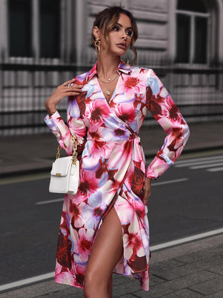Shop Floral Print Collared Neck Slit Dress Now On Klozey Store - Trendy U.S. Premium Women Apparel & Accessories And Be Up-To-Fashion!