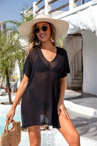 Shop Slit V-Neck Short Sleeve Cover Up Now On Klozey Store - Trendy U.S. Premium Women Apparel & Accessories And Be Up-To-Fashion!