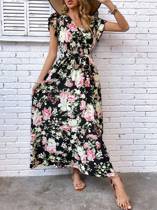 Shop Floral Flutter Sleeve Tie-Waist Split Dress Now On Klozey Store - Trendy U.S. Premium Women Apparel & Accessories And Be Up-To-Fashion!