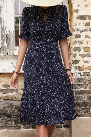 Shop Polka Dot Tie Front Ruffled Midi Dress Now On Klozey Store - Trendy U.S. Premium Women Apparel & Accessories And Be Up-To-Fashion!