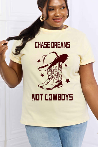 Shop Simply Love Full Size CHASE DREAMS NOT COWBOYS Graphic Cotton Tee Now On Klozey Store - Trendy U.S. Premium Women Apparel & Accessories And Be Up-To-Fashion!