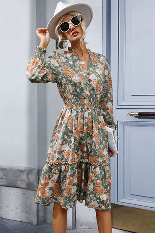 Shop Floral Smocked Decorative Button Dress Now On Klozey Store - Trendy U.S. Premium Women Apparel & Accessories And Be Up-To-Fashion!