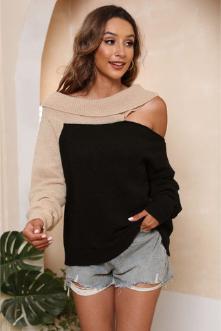 Shop Asymmetrical Long Sleeve Two-Tone Cutout Sweater Now On Klozey Store - Trendy U.S. Premium Women Apparel & Accessories And Be Up-To-Fashion!