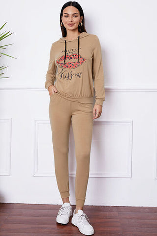 Shop SHUT UP AND KISS ME Lip Graphic Hooded Top and Drawstring Pants Set Now On Klozey Store - Trendy U.S. Premium Women Apparel & Accessories And Be Up-To-Fashion!