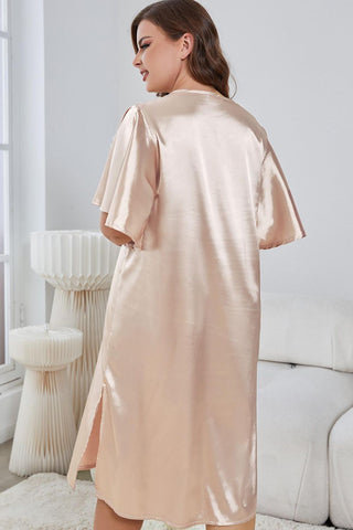 Shop Plus Size Flutter Sleeve V-Neck Side Slit Night Gown Now On Klozey Store - Trendy U.S. Premium Women Apparel & Accessories And Be Up-To-Fashion!