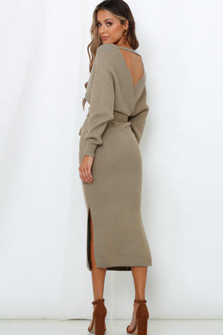 Shop Surplice Neck Bow Waist Slit Sweater Dress Now On Klozey Store - Trendy U.S. Premium Women Apparel & Accessories And Be Up-To-Fashion!