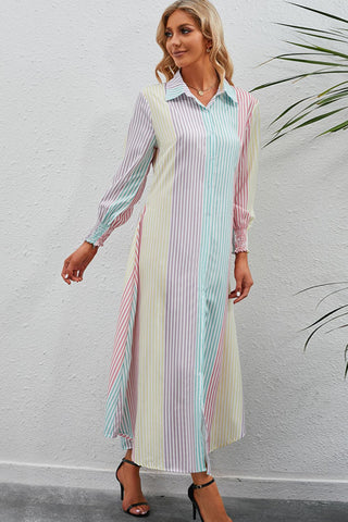 Shop Rainbow Stripe Button-Up Maxi Shirt Dress Now On Klozey Store - Trendy U.S. Premium Women Apparel & Accessories And Be Up-To-Fashion!