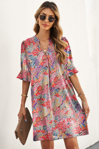 Shop Floral Notched Neck Flounce Sleeve Shift Dress Now On Klozey Store - Trendy U.S. Premium Women Apparel & Accessories And Be Up-To-Fashion!
