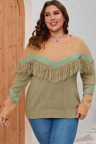 Shop Plus Size Fringe Detail Round Neck Long Sleeve Sweater Now On Klozey Store - Trendy U.S. Premium Women Apparel & Accessories And Be Up-To-Fashion!