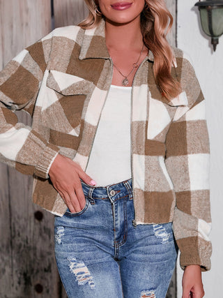 Shop Plaid Zip Up Dropped Shoulder Jacket Now On Klozey Store - Trendy U.S. Premium Women Apparel & Accessories And Be Up-To-Fashion!