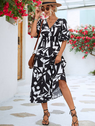 Shop Printed Surplice Balloon Sleeve Dress Now On Klozey Store - Trendy U.S. Premium Women Apparel & Accessories And Be Up-To-Fashion!