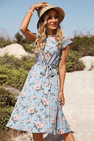 Shop Floral Tie-Waist Pleated Dress Now On Klozey Store - Trendy U.S. Premium Women Apparel & Accessories And Be Up-To-Fashion!