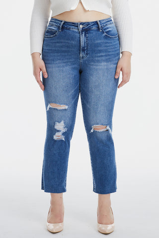 Shop BAYEAS Full Size High Waist Distressed Cat's Whiskers Straight Jeans Now On Klozey Store - Trendy U.S. Premium Women Apparel & Accessories And Be Up-To-Fashion!