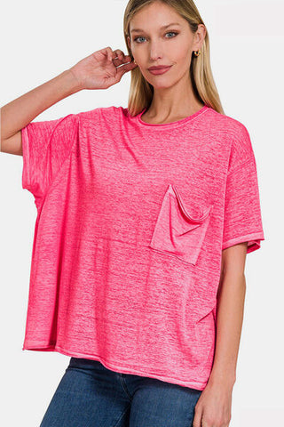 Shop Zenana Pocketed Round Neck Dropped Shoulder T-Shirt Now On Klozey Store - Trendy U.S. Premium Women Apparel & Accessories And Be Up-To-Fashion!