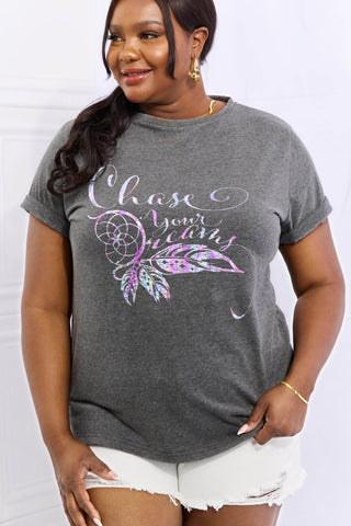 Shop Simply Love Full Size CHASE YOUR DREAMS Graphic Cotton Tee Now On Klozey Store - Trendy U.S. Premium Women Apparel & Accessories And Be Up-To-Fashion!