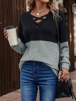Shop Two-Tone Crisscross Detail Sweatshirt Now On Klozey Store - Trendy U.S. Premium Women Apparel & Accessories And Be Up-To-Fashion!