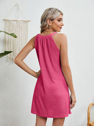Shop Eyelet Grecian Neck Mini Dress Now On Klozey Store - Trendy U.S. Premium Women Apparel & Accessories And Be Up-To-Fashion!
