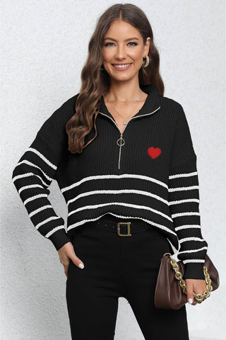 Shop Striped Zip-Up Long Sleeve Ribbed Sweater Now On Klozey Store - Trendy U.S. Premium Women Apparel & Accessories And Be Up-To-Fashion!
