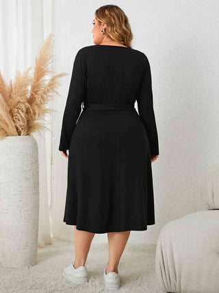 Shop Plus Size Tie Waist Long Sleeve Dress Now On Klozey Store - Trendy U.S. Premium Women Apparel & Accessories And Be Up-To-Fashion!