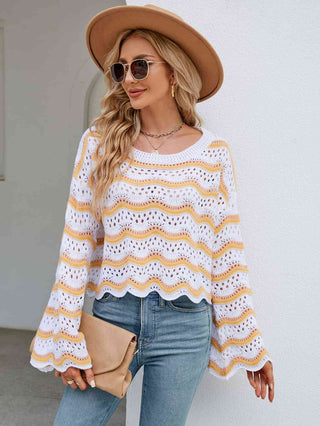 Shop Round Neck Openwork Flare Sleeve Knit Top Now On Klozey Store - Trendy U.S. Premium Women Apparel & Accessories And Be Up-To-Fashion!