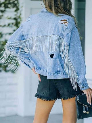 Shop Distressed Fringe Denim Jacket Now On Klozey Store - Trendy U.S. Premium Women Apparel & Accessories And Be Up-To-Fashion!
