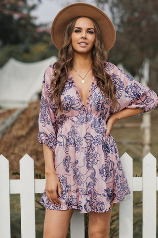 Shop Printed Frill Trim Plunge Tied Open Back Dress Now On Klozey Store - Trendy U.S. Premium Women Apparel & Accessories And Be Up-To-Fashion!