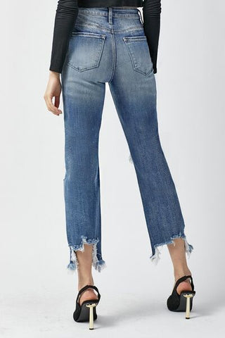 Shop RISEN High Waist Distressed Frayed Hem Cropped Straight Jeans Now On Klozey Store - Trendy U.S. Premium Women Apparel & Accessories And Be Up-To-Fashion!