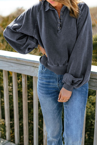 Shop Quarter-Snap Collared Lantern Sleeve Sweatshirt Now On Klozey Store - Trendy U.S. Premium Women Apparel & Accessories And Be Up-To-Fashion!
