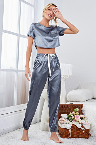 Shop Satin Short Sleeve Crop Top and Joggers Lounge Set Now On Klozey Store - Trendy U.S. Premium Women Apparel & Accessories And Be Up-To-Fashion!