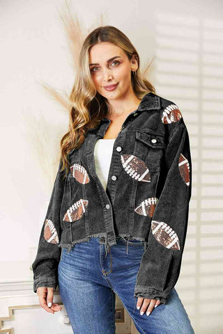 Shop Football Patch Raw Hem Shacket Now On Klozey Store - Trendy U.S. Premium Women Apparel & Accessories And Be Up-To-Fashion!