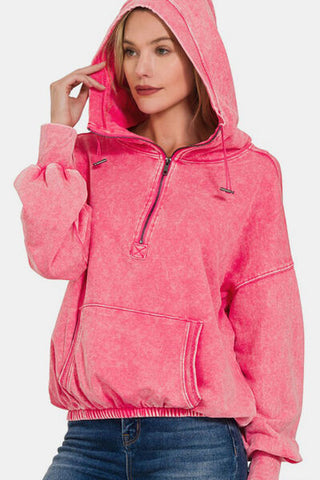Shop Zenana Drawstring Half Zip Dropped Shoulder Hoodie Now On Klozey Store - Trendy U.S. Premium Women Apparel & Accessories And Be Up-To-Fashion!