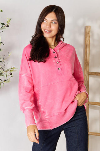 Shop Zenana Half Snap Long Sleeve Hoodie with Pockets Now On Klozey Store - Trendy U.S. Premium Women Apparel & Accessories And Be Up-To-Fashion!