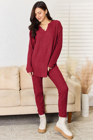 Shop Basic Bae Full Size Notched Long Sleeve Top and Pants Set Now On Klozey Store - Trendy U.S. Premium Women Apparel & Accessories And Be Up-To-Fashion!