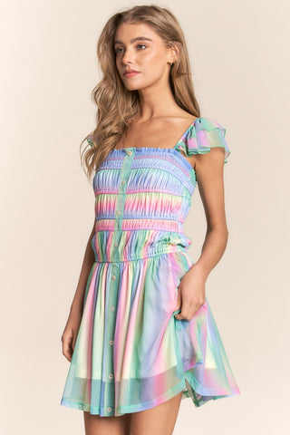 Shop J.NNA Rainbow Smocked Mini Mesh Dress Now On Klozey Store - Trendy U.S. Premium Women Apparel & Accessories And Be Up-To-Fashion!