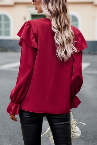 Shop V-Neck Flounce Sleeve Ruffle Trim Blouse Now On Klozey Store - Trendy U.S. Premium Women Apparel & Accessories And Be Up-To-Fashion!